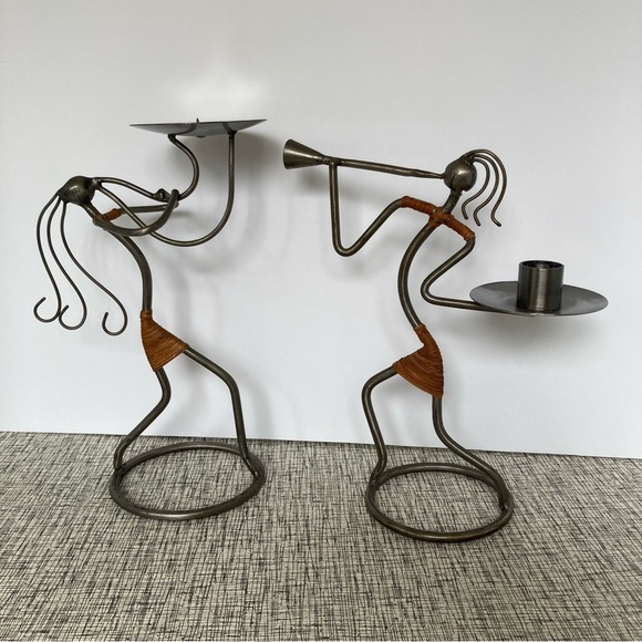 Metal Rattan MCM Candle Holders Band Horn Jazz Wire Art Sturdy Musical Decor - Picture 1 of 12